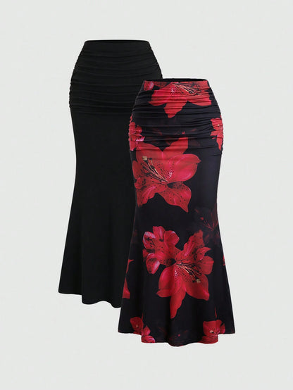 Sweetra 2pcs Women's Elegant Party Solid Color Mermaid Skirt And Floral Print Skirt Set