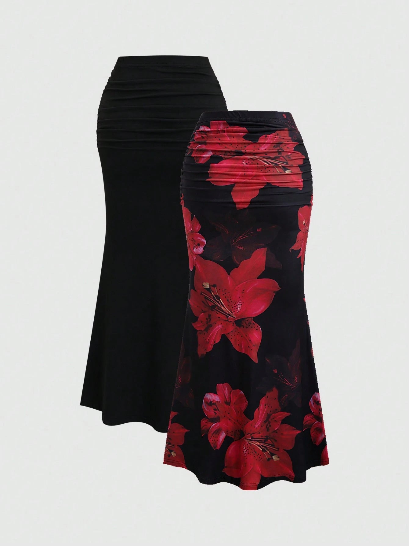 Sweetra 2pcs Women's Elegant Party Solid Color Mermaid Skirt And Floral Print Skirt Set