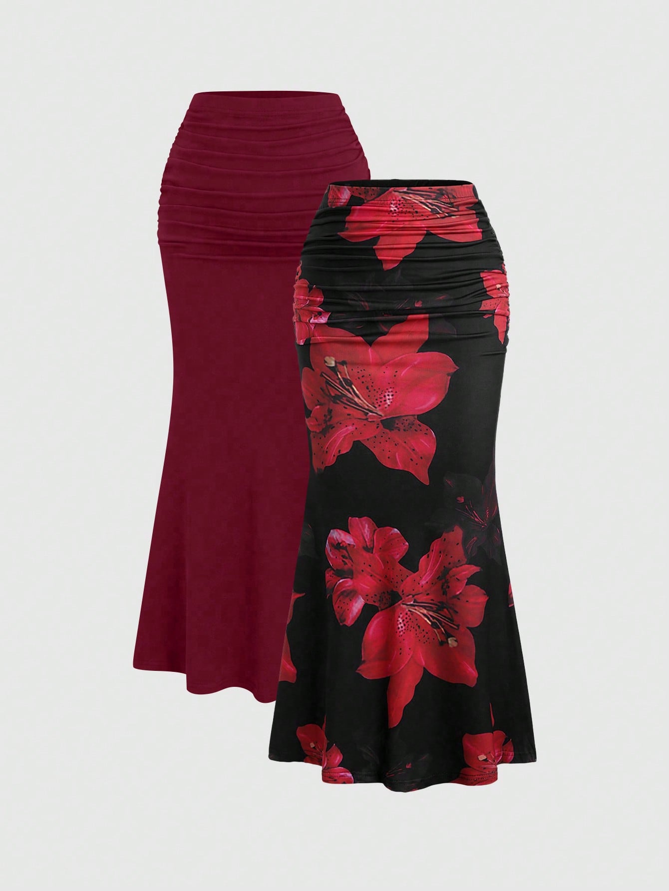 Sweetra 2pcs Women's Elegant Party Solid Color Mermaid Skirt And Floral Print Skirt Set