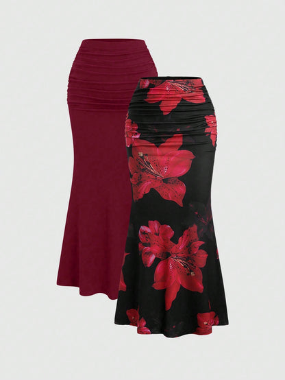 Sweetra 2pcs Women's Elegant Party Solid Color Mermaid Skirt And Floral Print Skirt Set