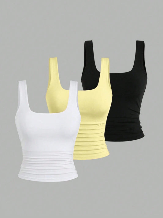 Sweetra 3pcs Women's Summer Casual Solid Color Square Neck Fitted Tank Tops