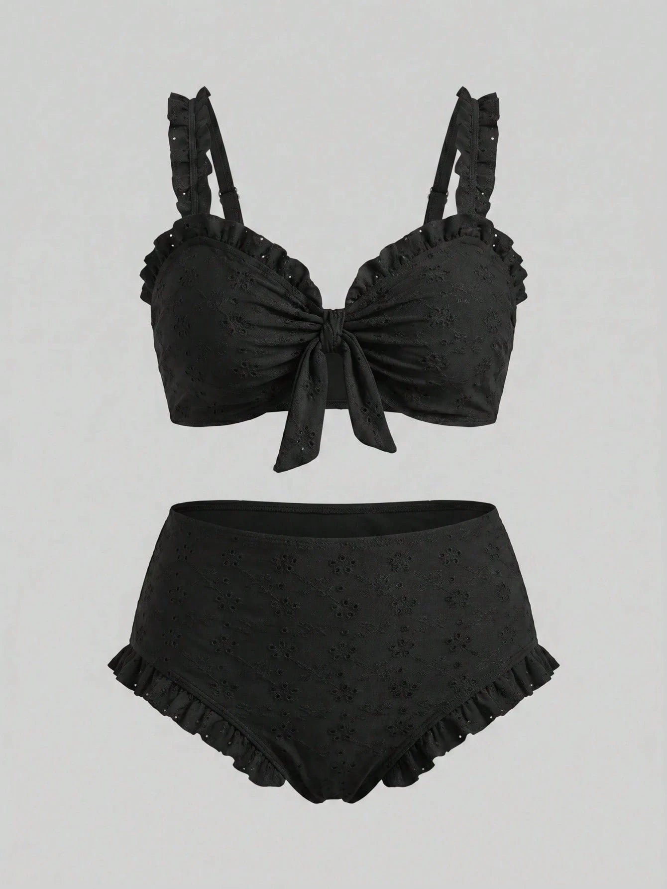 Sweetra CURVE Plus Size Black Top With Chest Tie & Frill, Matching Regular Leg Swim Shorts, Elegant Ladies Simple Casual Summer Beach Vacation Swimwear Bikini Set, For Curvy Women
