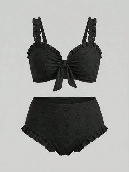 Sweetra CURVE Plus Size Black Top With Chest Tie & Frill, Matching Regular Leg Swim Shorts, Elegant Ladies Simple Casual Summer Beach Vacation Swimwear Bikini Set, For Curvy Women