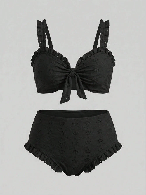Sweetra CURVE Plus Size Black Top With Chest Tie & Frill, Matching Regular Leg Swim Shorts, Elegant Ladies Simple Casual Summer Beach Vacation Swimwear Bikini Set, For Curvy Women