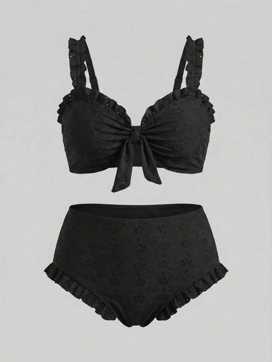 Sweetra CURVE Plus Size Black Top With Chest Tie & Frill, Matching Regular Leg Swim Shorts, Elegant Ladies Simple Casual Summer Beach Vacation Swimwear Bikini Set, For Curvy Women