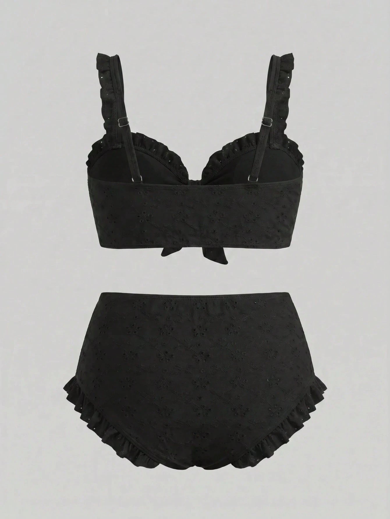 Sweetra CURVE Plus Size Black Top With Chest Tie & Frill, Matching Regular Leg Swim Shorts, Elegant Ladies Simple Casual Summer Beach Vacation Swimwear Bikini Set, For Curvy Women