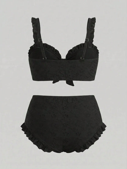 Sweetra CURVE Plus Size Black Top With Chest Tie & Frill, Matching Regular Leg Swim Shorts, Elegant Ladies Simple Casual Summer Beach Vacation Swimwear Bikini Set, For Curvy Women
