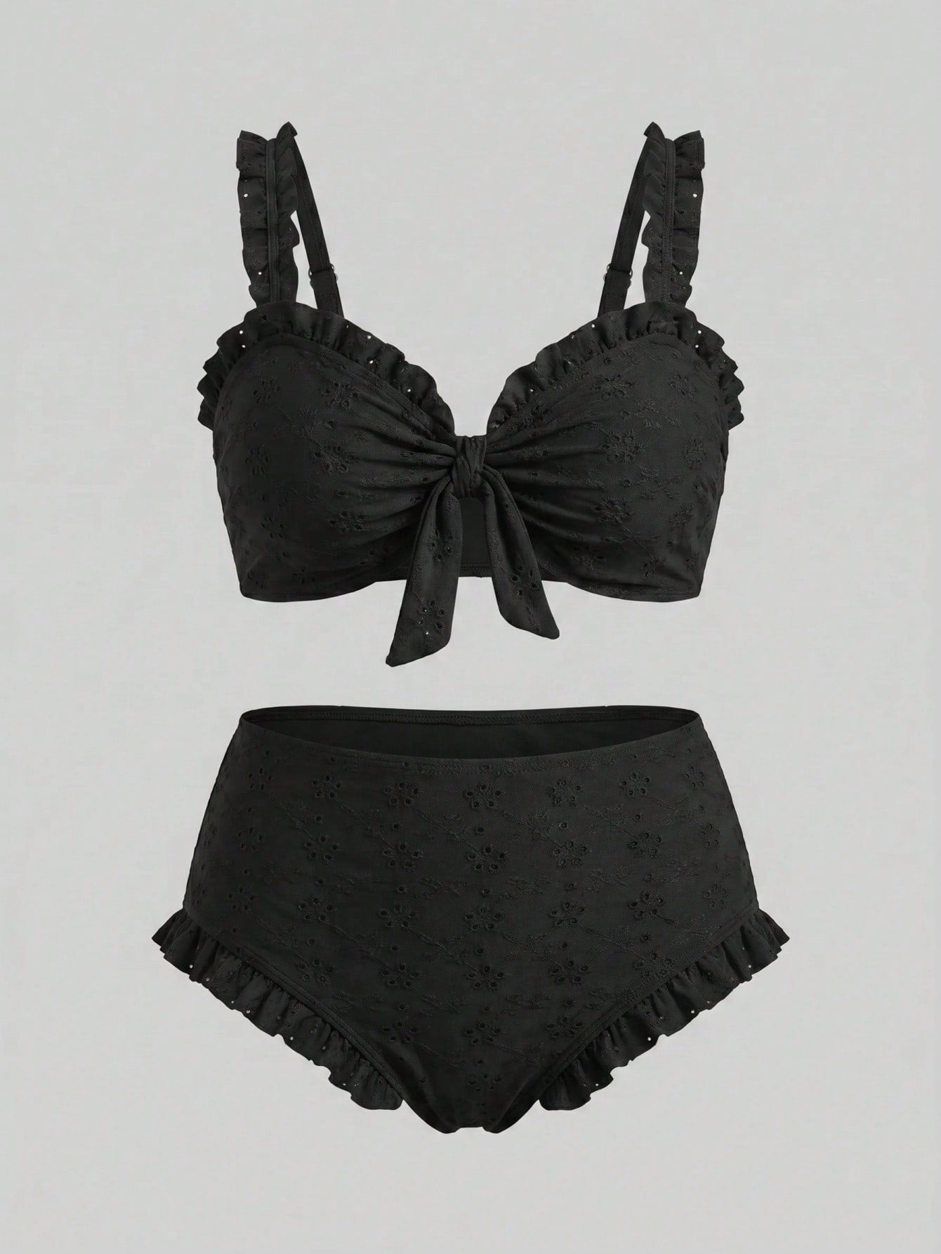 Sweetra CURVE Plus Size Black Top With Chest Tie & Frill, Matching Regular Leg Swim Shorts, Elegant Ladies Simple Casual Summer Beach Vacation Swimwear Bikini Set, For Curvy Women