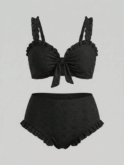 Sweetra CURVE Plus Size Black Top With Chest Tie & Frill, Matching Regular Leg Swim Shorts, Elegant Ladies Simple Casual Summer Beach Vacation Swimwear Bikini Set, For Curvy Women