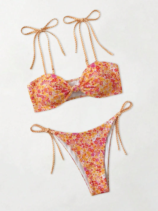 Sweetra Knitted Floral Grid Sexy Wireless Printed 2 Pieces Bikini Set, Elegant Sweet Summer Women Swimsuit For Party, Beach, Outing