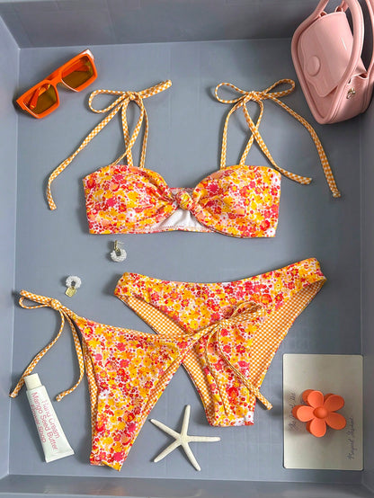 Sweetra Knitted Floral Grid Sexy Wireless Printed 2 Pieces Bikini Set, Elegant Sweet Summer Women Swimsuit For Party, Beach, Outing