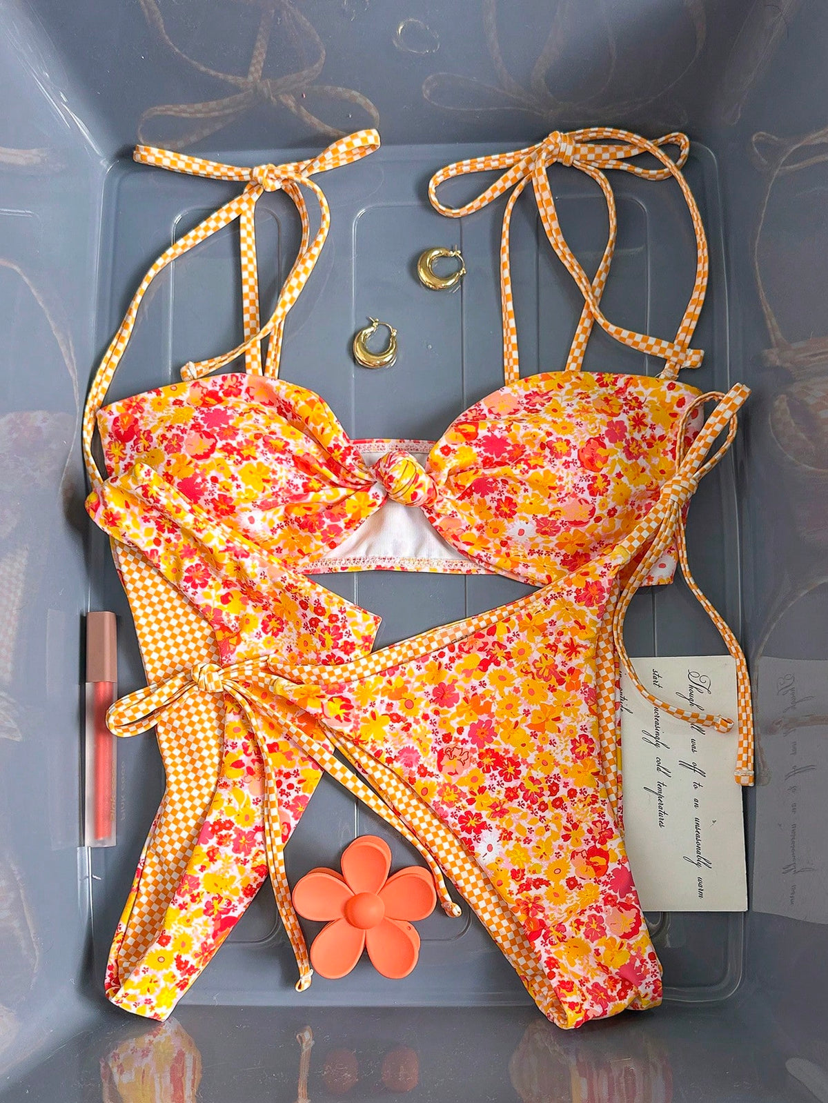 Sweetra Knitted Floral Grid Sexy Wireless Printed 2 Pieces Bikini Set, Elegant Sweet Summer Women Swimsuit For Party, Beach, Outing