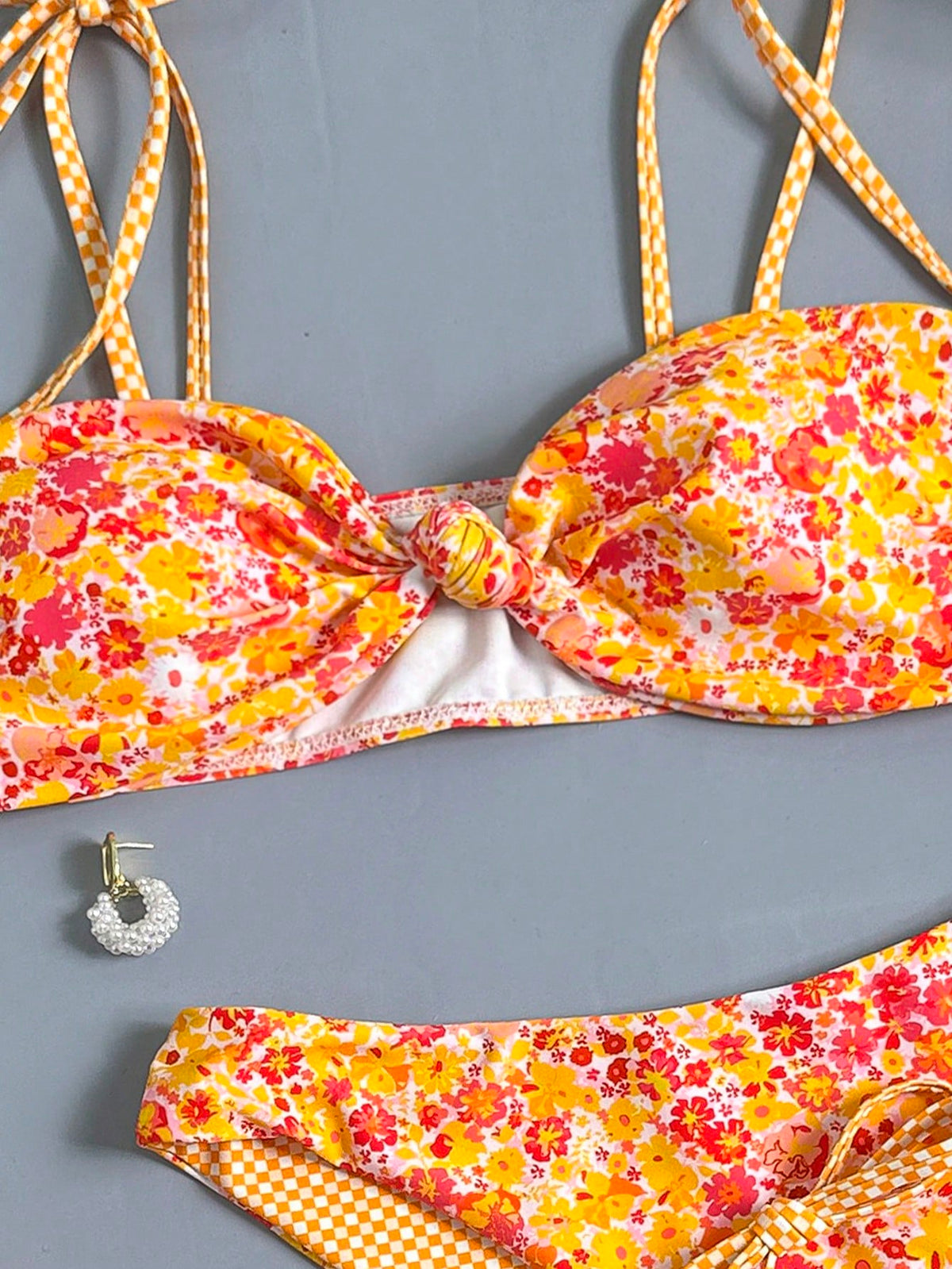 Sweetra Knitted Floral Grid Sexy Wireless Printed 2 Pieces Bikini Set, Elegant Sweet Summer Women Swimsuit For Party, Beach, Outing