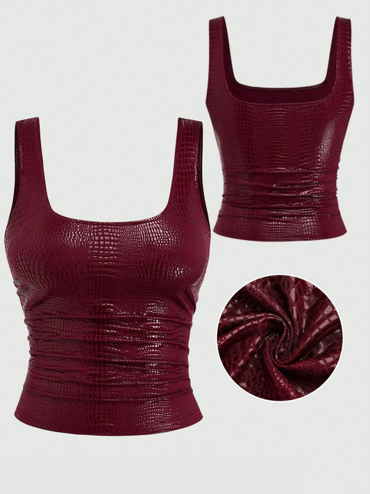 Sweetra New Fashion Burgundy Crocodile Embossed Elastic Street Style Party Nightclub Commute Daily Slim Fit Tank Top, Women, Spring/Summer