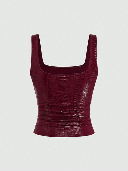 Sweetra New Fashion Burgundy Crocodile Embossed Elastic Street Style Party Nightclub Commute Daily Slim Fit Tank Top, Women, Spring/Summer