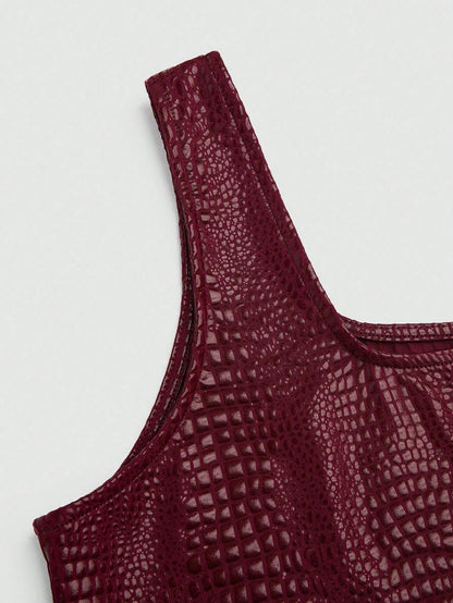 Sweetra New Fashion Burgundy Crocodile Embossed Elastic Street Style Party Nightclub Commute Daily Slim Fit Tank Top, Women, Spring/Summer