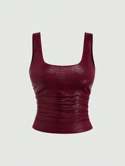 Sweetra New Fashion Burgundy Crocodile Embossed Elastic Street Style Party Nightclub Commute Daily Slim Fit Tank Top, Women, Spring/Summer