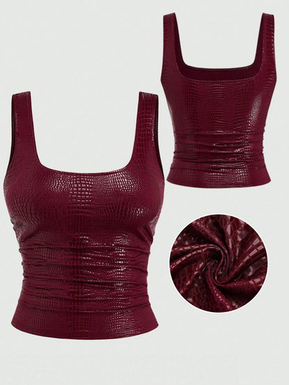 Sweetra New Fashion Burgundy Crocodile Embossed Elastic Street Style Party Nightclub Commute Daily Slim Fit Tank Top, Women, Spring/Summer
