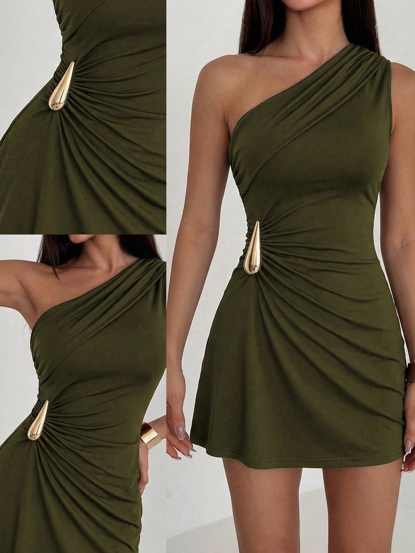 Sweetra Petite Women's Sexy Asymmetric Shoulder Ruched Waist Fitted Mini Dress With Metal Buckle Decor, Spring/Summer,Petite Women