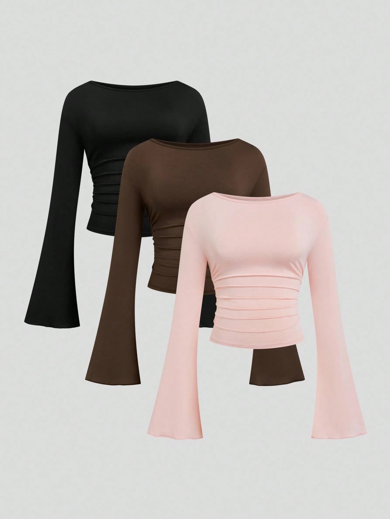 Sweetra Plus Size Crew Neck Long Sleeve Fitted Cropped Flare Sleeve Multicolor Slimming Autumn/Winter Top T-Shirt Fall