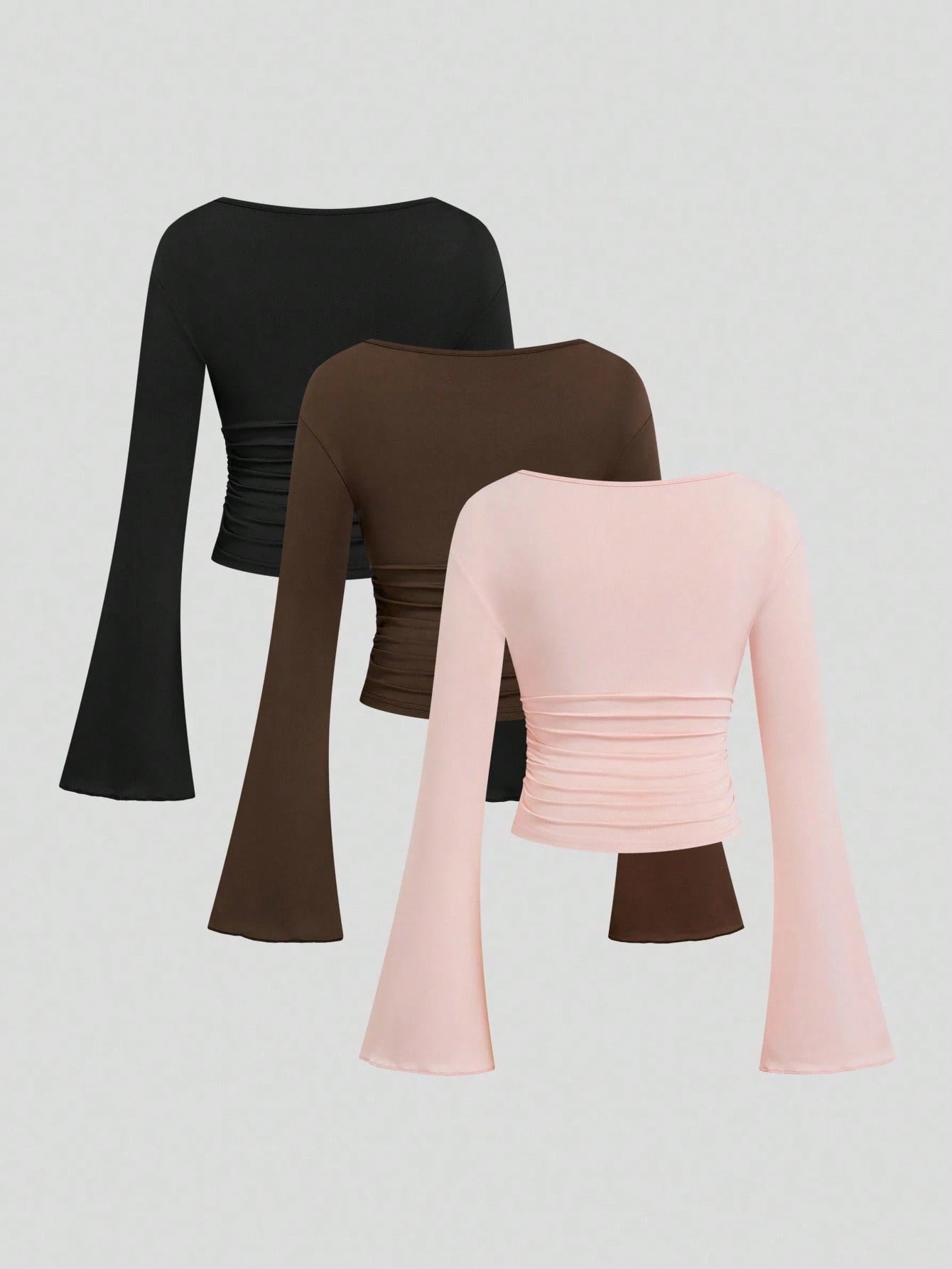 Sweetra Plus Size Crew Neck Long Sleeve Fitted Cropped Flare Sleeve Multicolor Slimming Autumn/Winter Top T-Shirt Fall