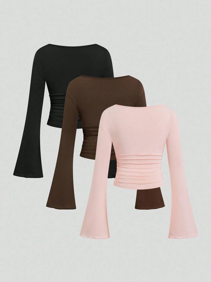 Sweetra Plus Size Crew Neck Long Sleeve Fitted Cropped Flare Sleeve Multicolor Slimming Autumn/Winter Top T-Shirt Fall