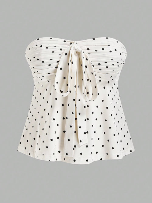 Sweetra Plus Size Retro Romantic Polka Dot Bowknot Bandeau Top