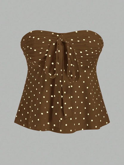 Sweetra Plus Size Retro Romantic Polka Dot Bowknot Bandeau Top