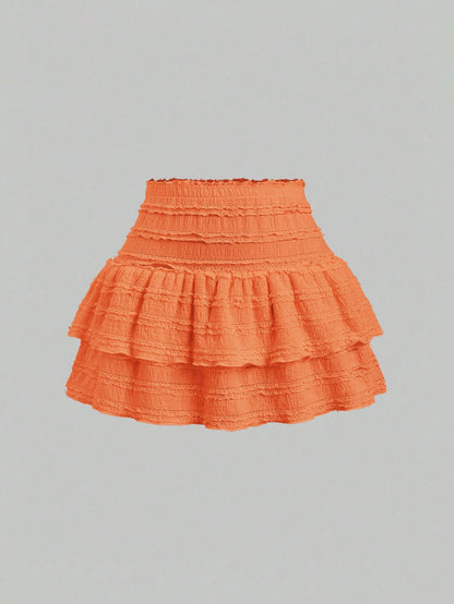 Sweetra Solid Color Ruffle Trim Double Layered Hem Orange Skirt, Casual & Resort Y2K Mini Short Skirt
