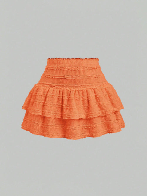 Sweetra Solid Color Ruffle Trim Double Layered Hem Orange Skirt, Casual & Resort Y2K Mini Short Skirt