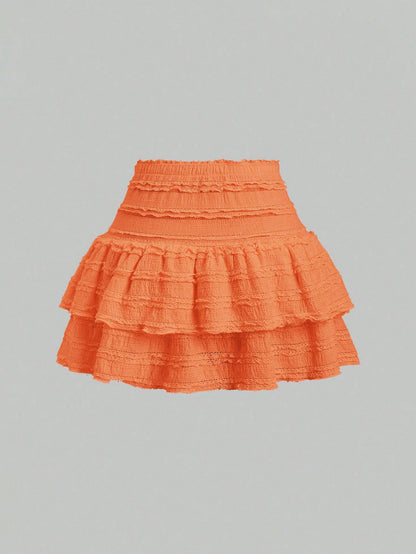 Sweetra Solid Color Ruffle Trim Double Layered Hem Orange Skirt, Casual & Resort Y2K Mini Short Skirt