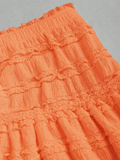 Sweetra Solid Color Ruffle Trim Double Layered Hem Orange Skirt, Casual & Resort Y2K Mini Short Skirt