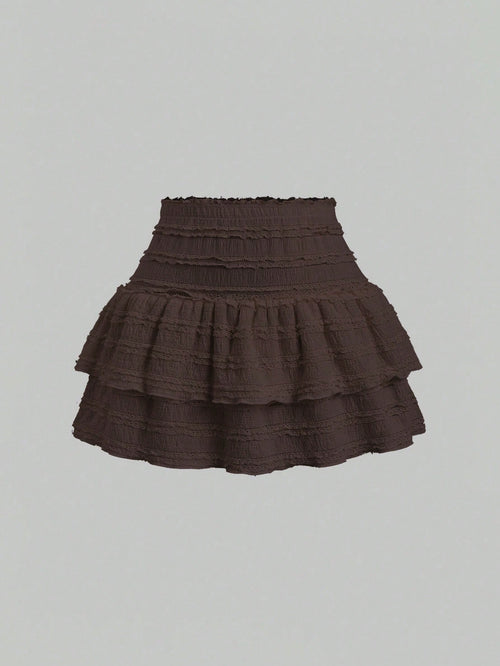 Sweetra Solid Color Ruffle Trim Double Layered Hem Skirt, Casual & Resort Y2K Mini Short Skirt