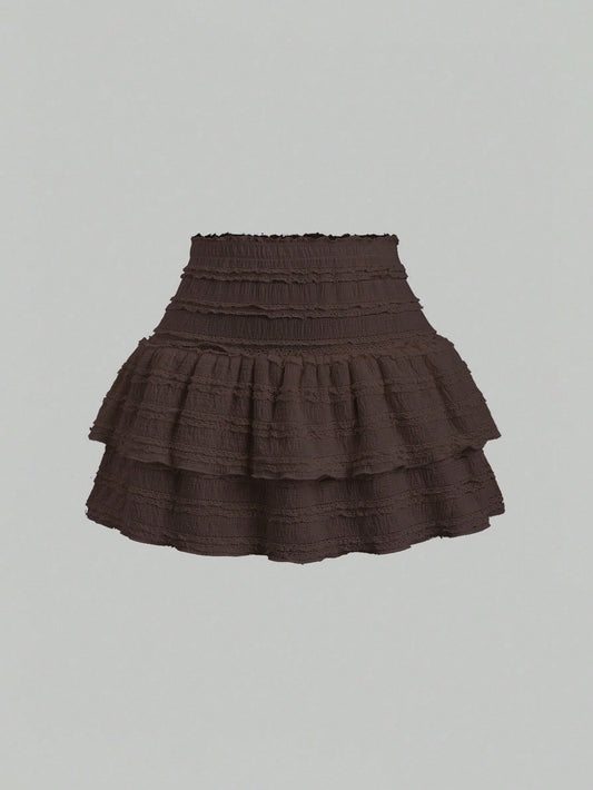 Sweetra Solid Color Ruffle Trim Double Layered Hem Skirt, Casual & Resort Y2K Mini Short Skirt