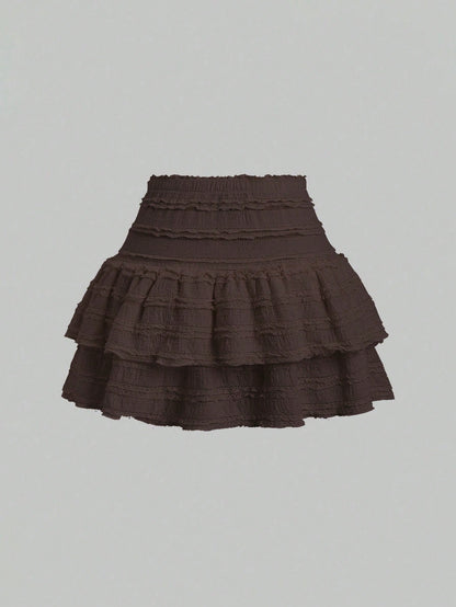 Sweetra Solid Color Ruffle Trim Double Layered Hem Skirt, Casual & Resort Y2K Mini Short Skirt