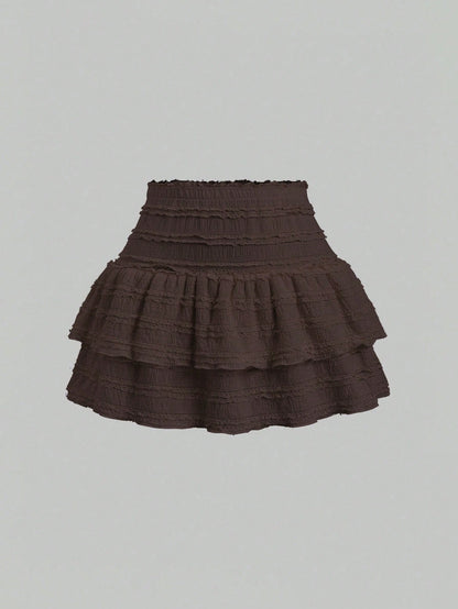 Sweetra Solid Color Ruffle Trim Double Layered Hem Skirt, Casual & Resort Y2K Mini Short Skirt