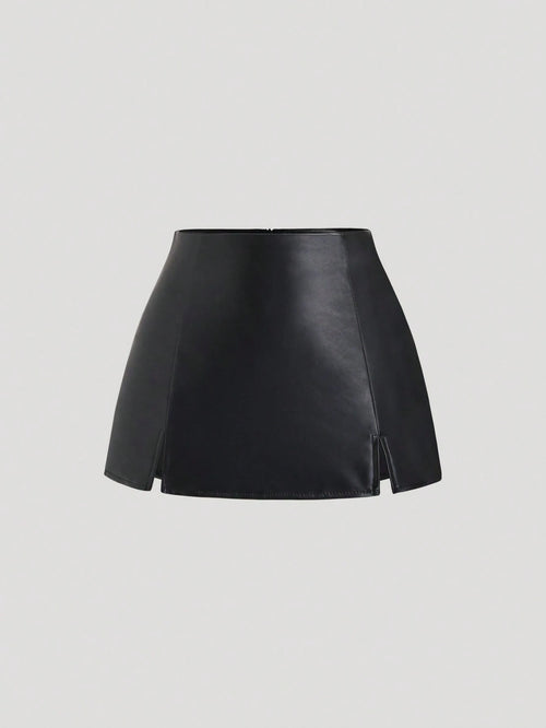 Sweetra Spring/Summer Sexy Low Waist Elegant PU Leather Split Mini Short Skirt For Women