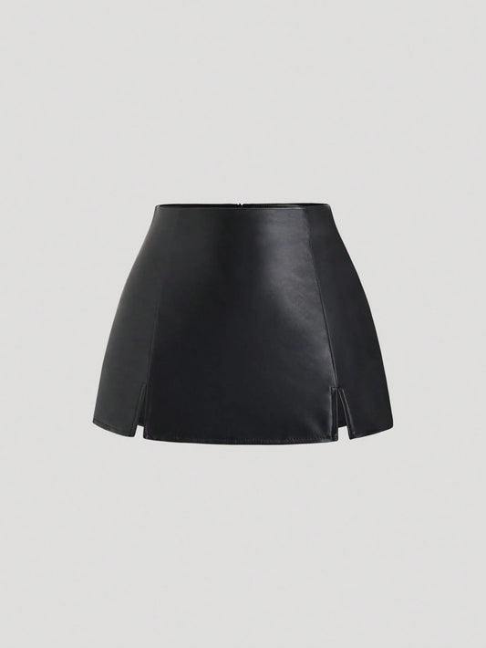 Sweetra Spring/Summer Sexy Low Waist Elegant PU Leather Split Mini Short Skirt For Women