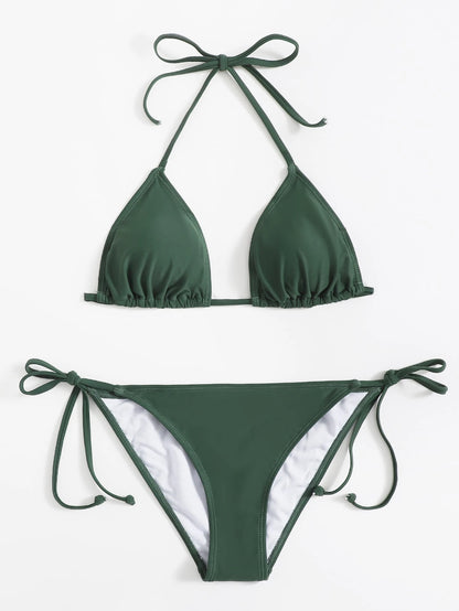 Sweetra Summer Beach Mono Bikini Set Halter Triangle Bra & Tie Side Bottom 2 Pieces Bikini