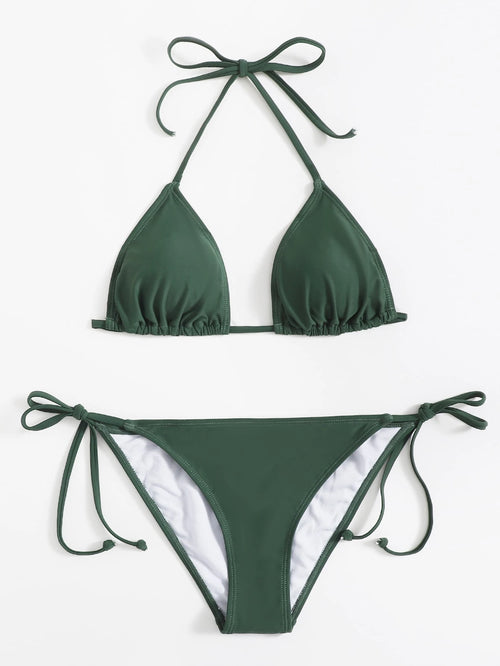Sweetra Summer Beach Mono Bikini Set Halter Triangle Bra & Tie Side Bottom 2 Pieces Bikini
