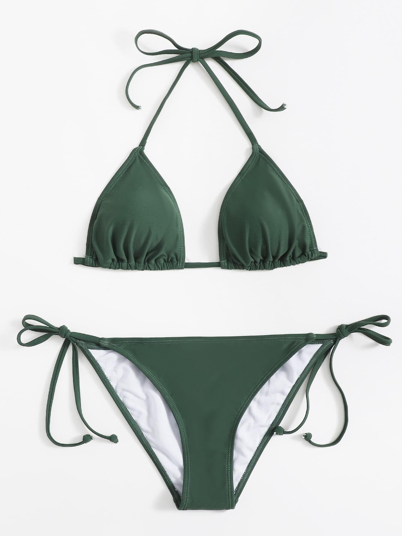 Sweetra Summer Beach Mono Bikini Set Halter Triangle Bra & Tie Side Bottom 2 Pieces Bikini