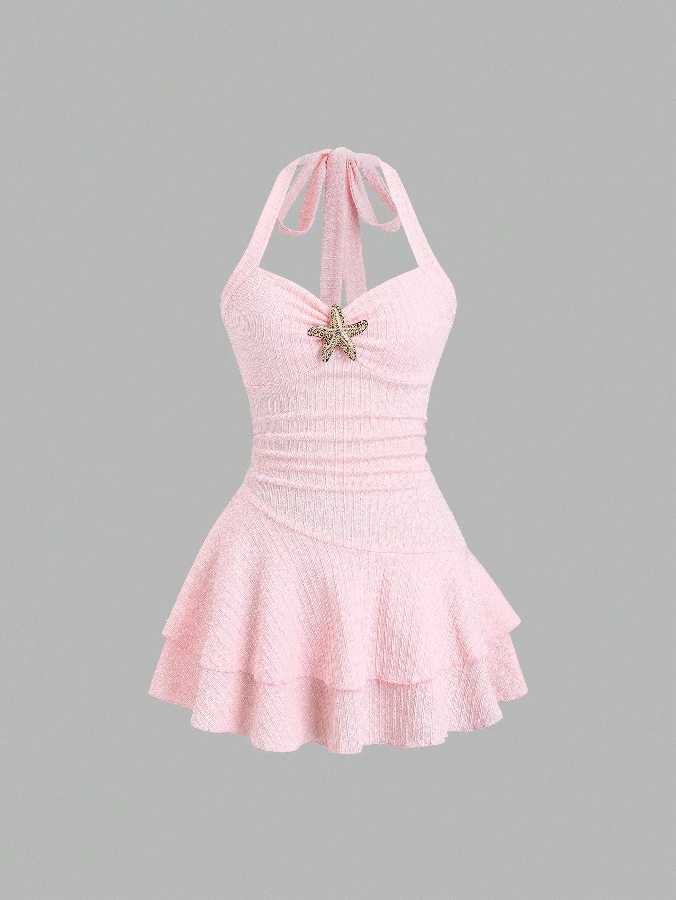 Sweetra Women's Light Pink Summer Tropical Beach Holiday Vacation Holiday Elegant Textured Halter Neck Tie Front Ruched Metallic Decor Tiered Ruffle Dress