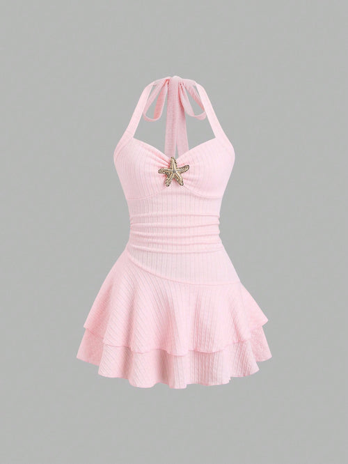 Sweetra Women's Light Pink Summer Tropical Beach Holiday Vacation Holiday Elegant Textured Halter Neck Tie Front Ruched Metallic Decor Tiered Ruffle Dress