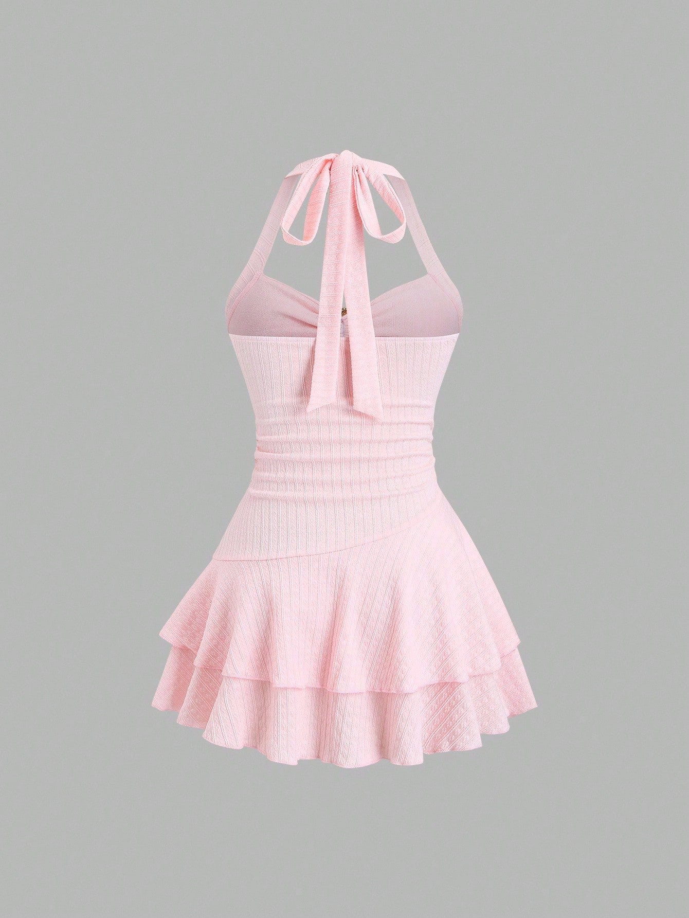 Sweetra Women's Light Pink Summer Tropical Beach Holiday Vacation Holiday Elegant Textured Halter Neck Tie Front Ruched Metallic Decor Tiered Ruffle Dress