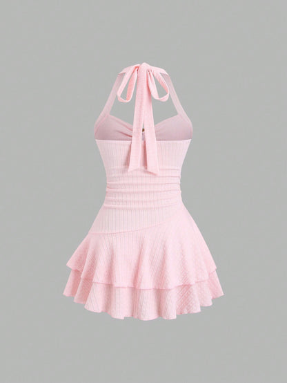 Sweetra Women's Light Pink Summer Tropical Beach Holiday Vacation Holiday Elegant Textured Halter Neck Tie Front Ruched Metallic Decor Tiered Ruffle Dress