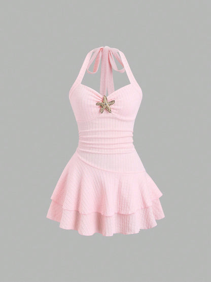 Sweetra Women's Light Pink Summer Tropical Beach Holiday Vacation Holiday Elegant Textured Halter Neck Tie Front Ruched Metallic Decor Tiered Ruffle Dress