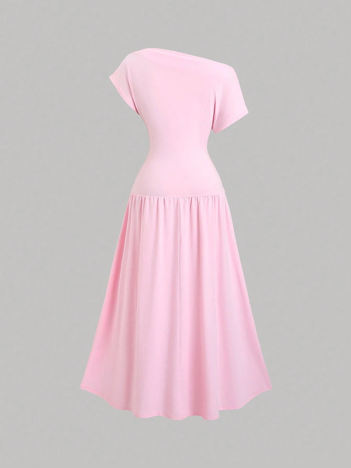 Sweetra Women's Summer Solid Color Asymmetric Collar Batwing Sleeve Elegant Ruched Midi Dress