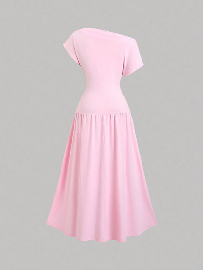 Sweetra Women's Summer Solid Color Asymmetric Collar Batwing Sleeve Elegant Ruched Midi Dress