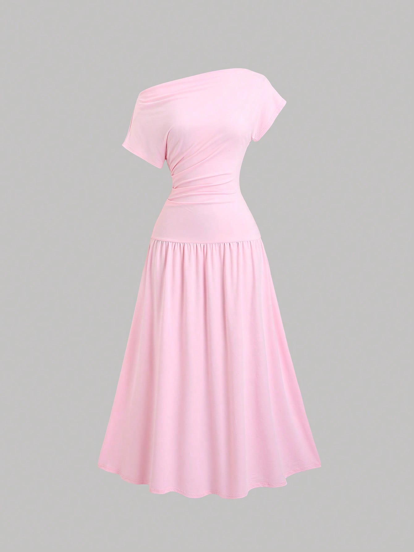 Sweetra Women's Summer Solid Color Asymmetric Collar Batwing Sleeve Elegant Ruched Midi Dress