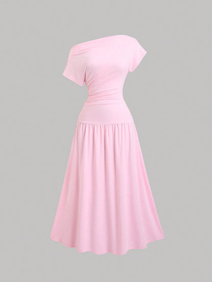 Sweetra Women's Summer Solid Color Asymmetric Collar Batwing Sleeve Elegant Ruched Midi Dress